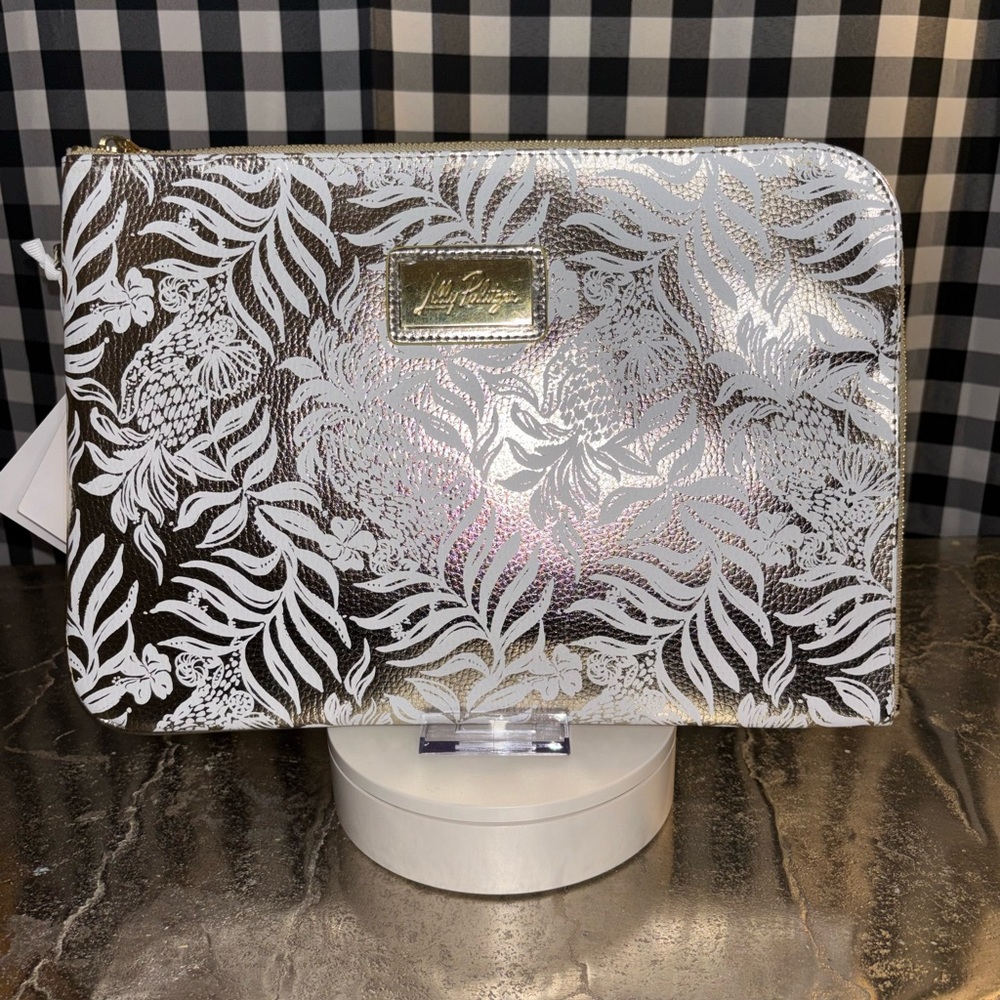 Lilly Pulitzer 13 x 9 Gold Metallic Floral Zip Electronics Pouch NWT